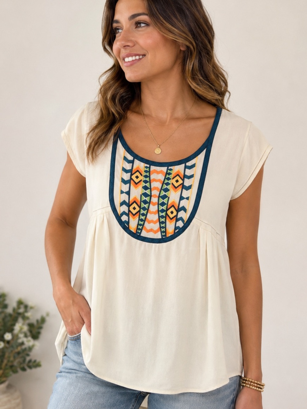 Sugarlips Cream boho Tunic with Multicolor Embroidery